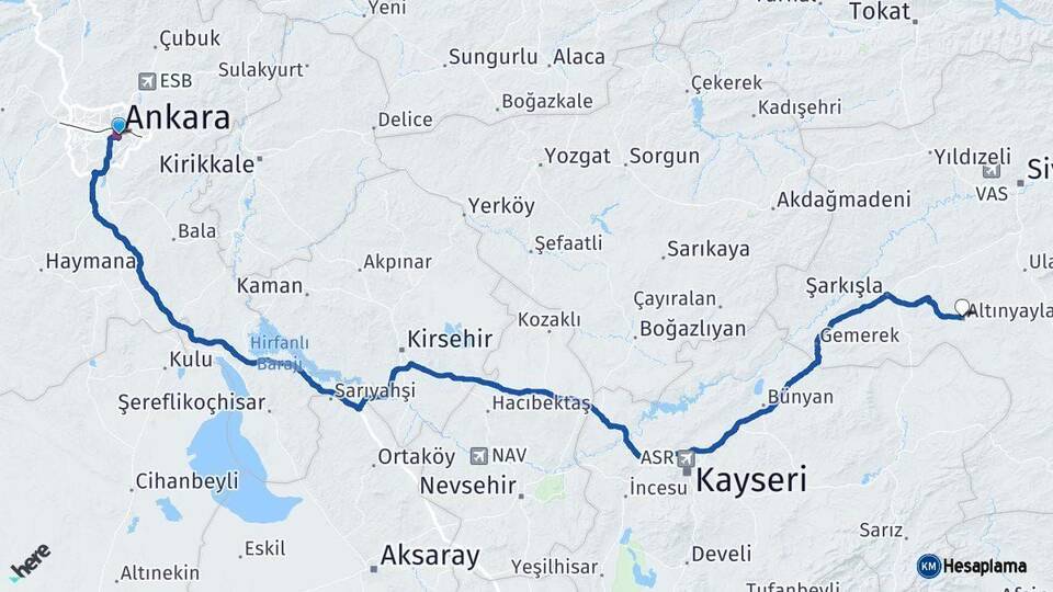 Ankara Altınyayla Sivas Arası Kaç Km - Yol Haritası