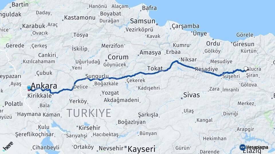 Ankara Alucra Giresun Arası Kaç Km - Yol Haritası