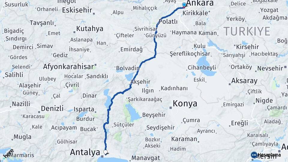 Ankara Antalya Havalimanı Arası Kaç Km - Yol Haritası