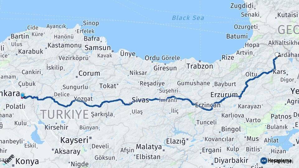 Ankara Ardahan Arası Kaç Km - Yol Haritası