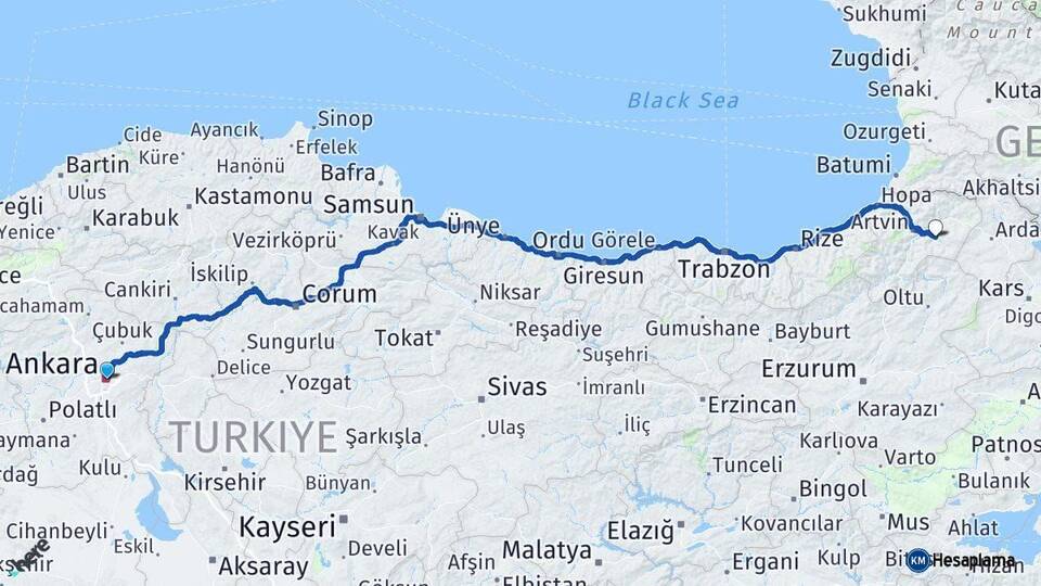 Ankara Ardanuç Artvin Arası Kaç Km - Yol Haritası