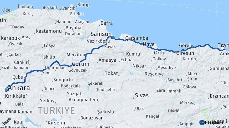 Ankara Arsin Trabzon Arası Kaç Km - Yol Haritası