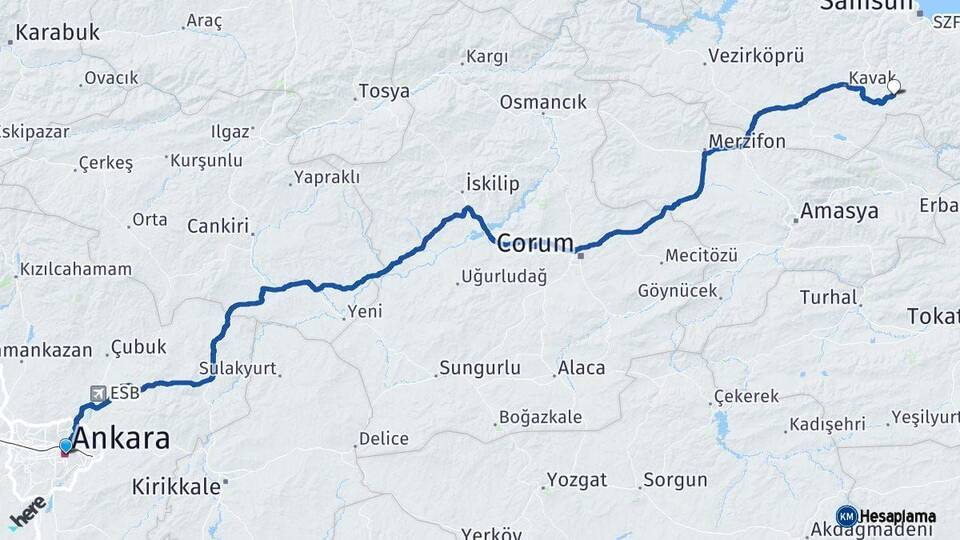 Ankara Asarcık Samsun Arası Kaç Km - Yol Haritası