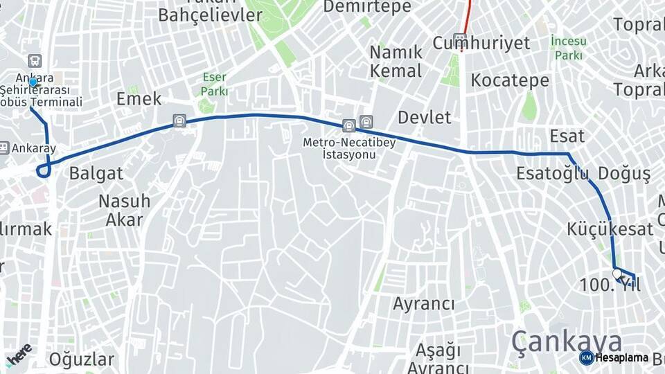 Ankara AŞTİ Otogarı 100.Yıl Arası Kaç Km - Yol Tarifi