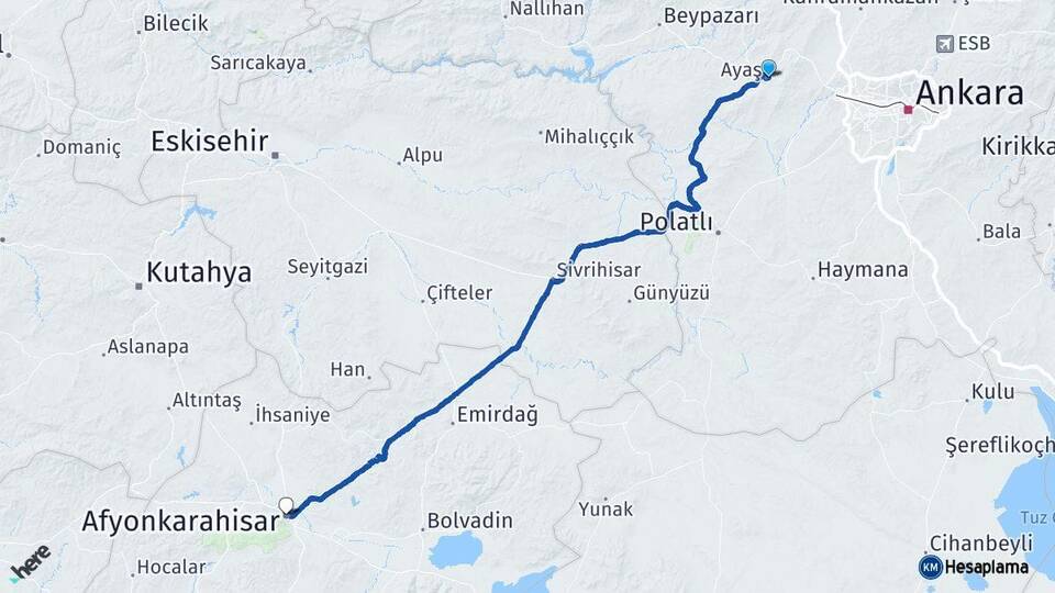 Ankara Ayaş Afyonkarahisar Arası Kaç Km - Yol Haritası