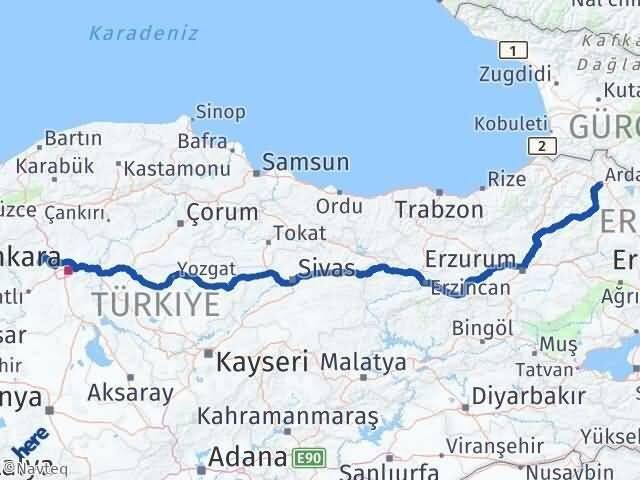 Ankara Ayaş Ardahan Arası Kaç Km - Yol Haritası