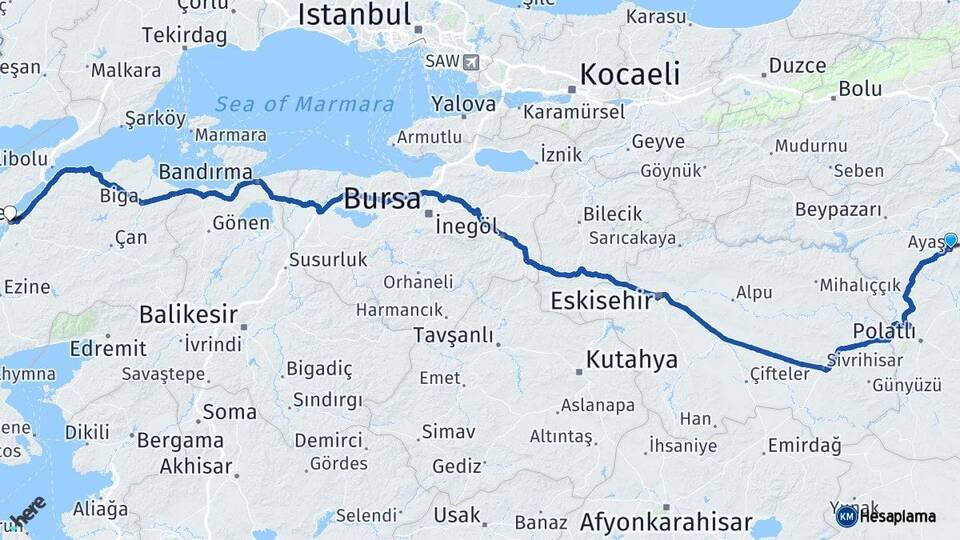 Ankara Ayaş Çanakkale Arası Kaç Km - Yol Haritası