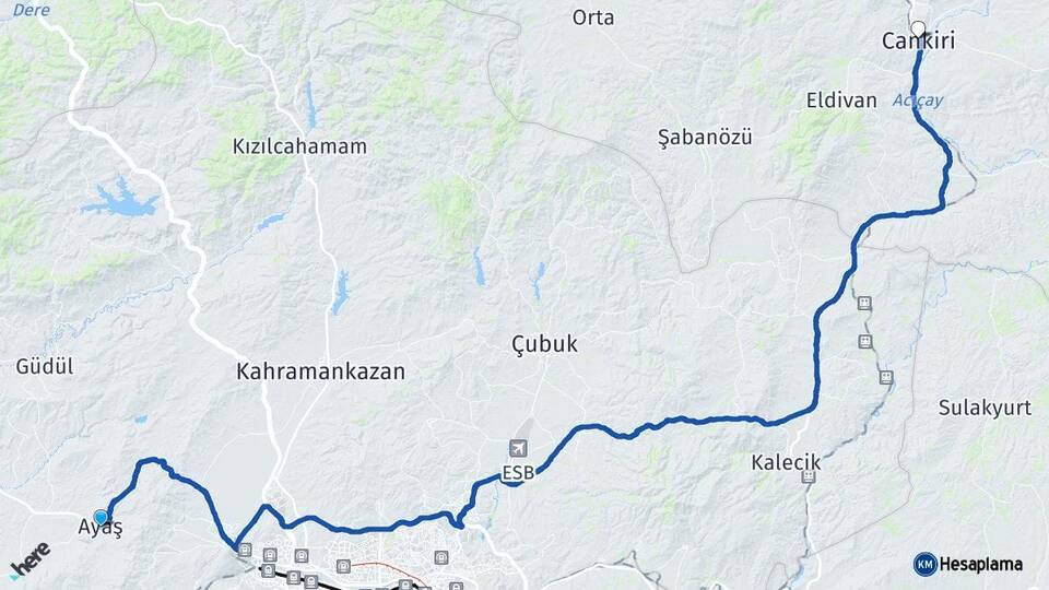 Ankara Ayaş Çankırı Arası Kaç Km - Yol Haritası