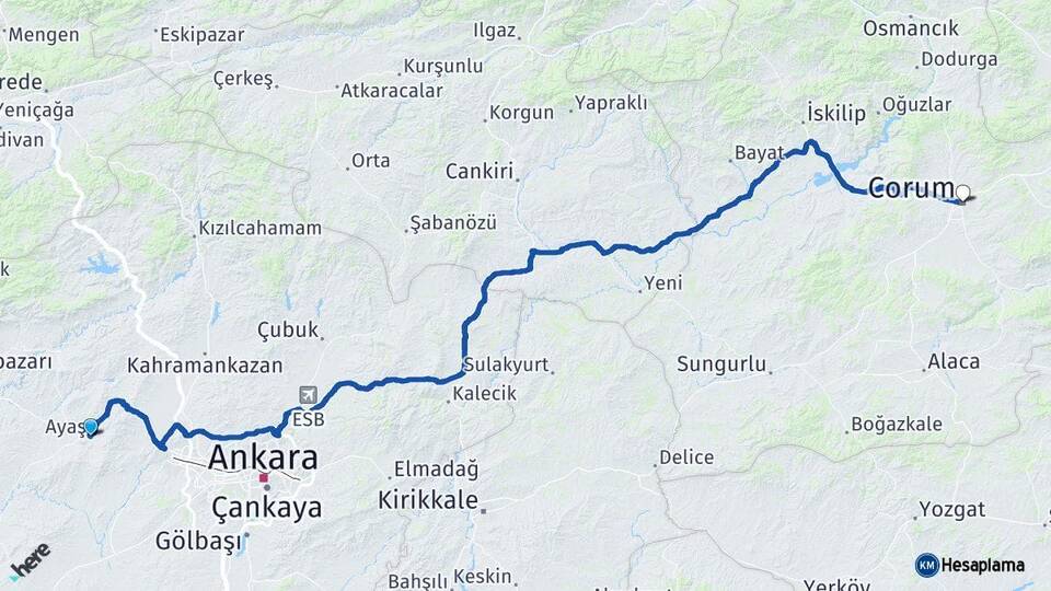 Ankara Ayaş Çorum Arası Kaç Km - Yol Haritası