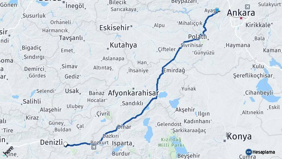 Ankara Ayaş Denizli Arası Kaç Km - Yol Haritası