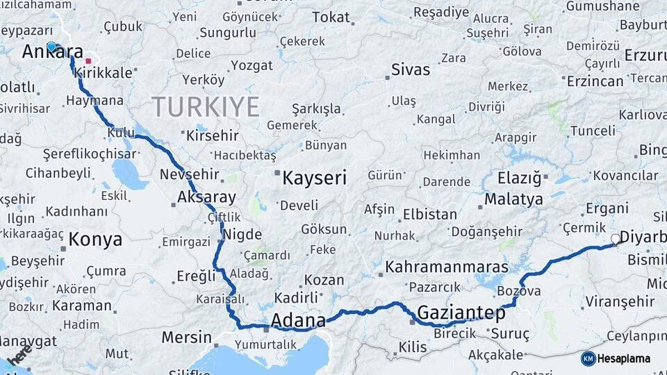 Ankara Ayaş Diyarbakır Arası Kaç Km - Yol Haritası