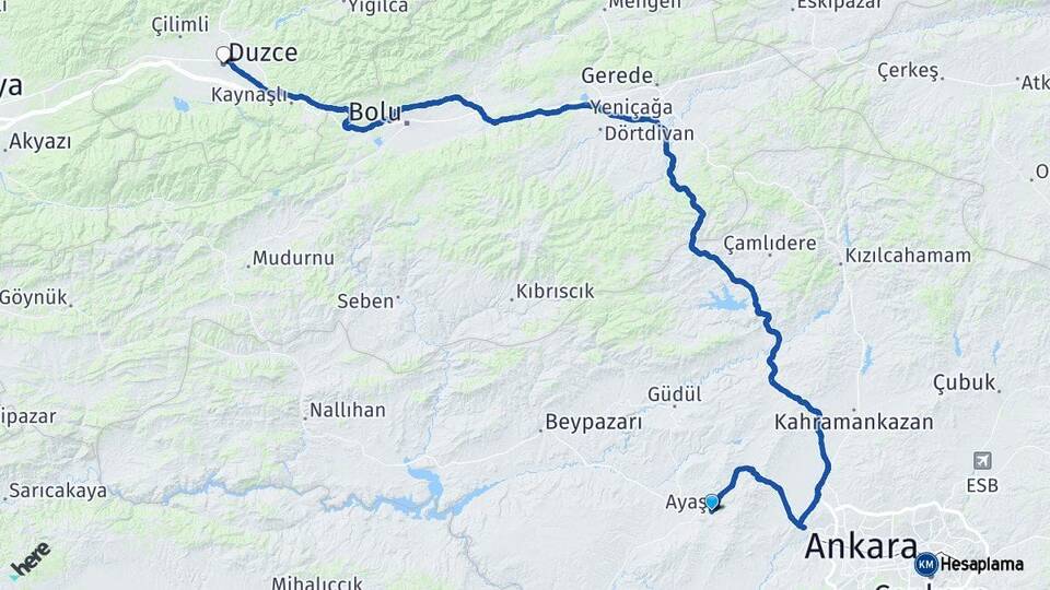 Ankara Ayaş Düzce Arası Kaç Km - Yol Haritası