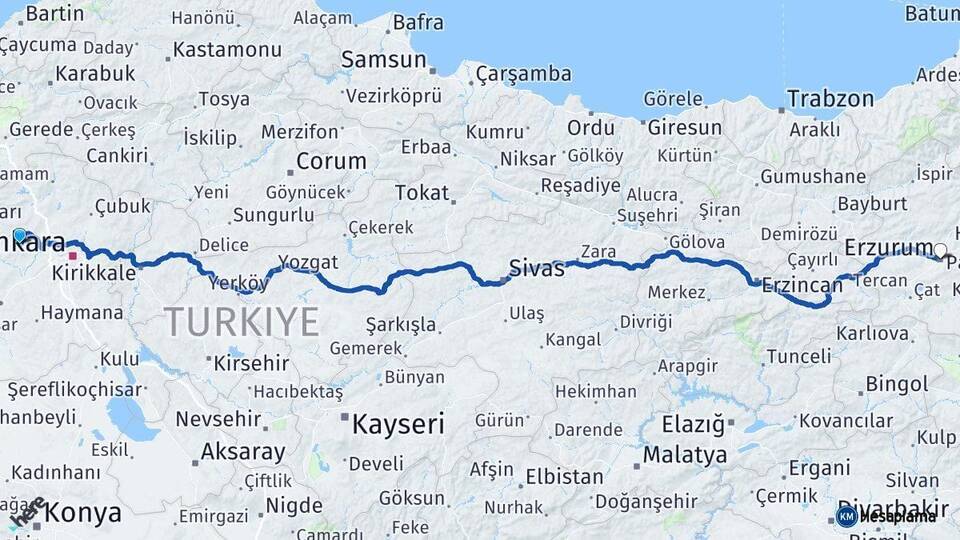 Ankara Ayaş Erzurum Arası Kaç Km - Yol Haritası