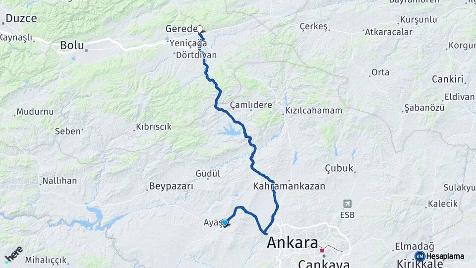 Ankara Ayaş Gerede Bolu Arası Kaç Km - Yol Haritası