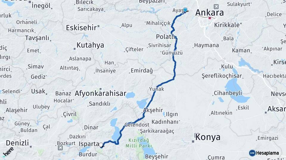 Ankara Ayaş Isparta Arası Kaç Km - Yol Haritası
