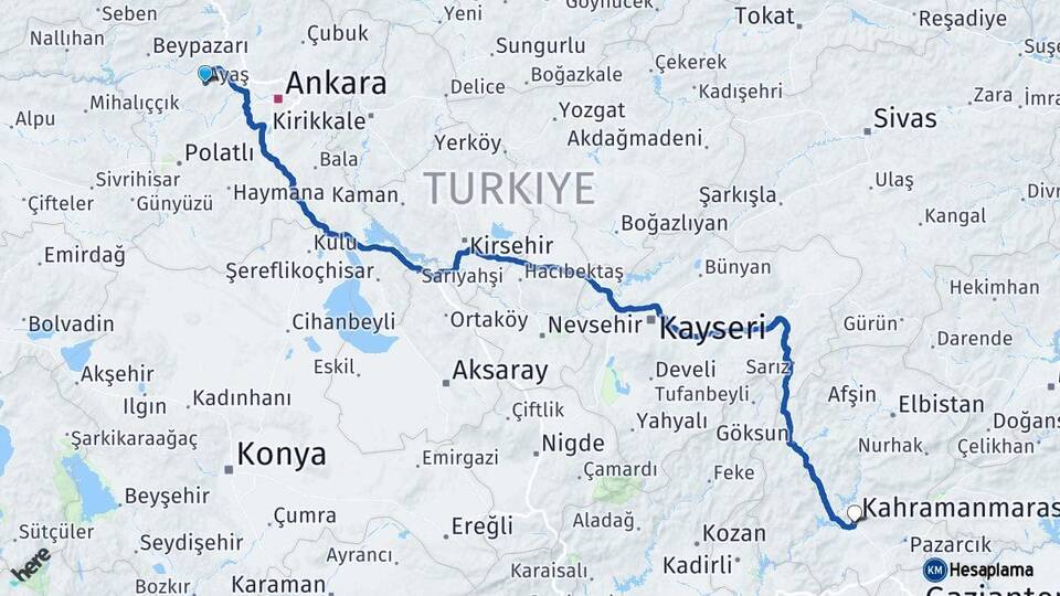 Ankara Ayaş Kahramanmaraş Arası Kaç Km - Yol Haritası