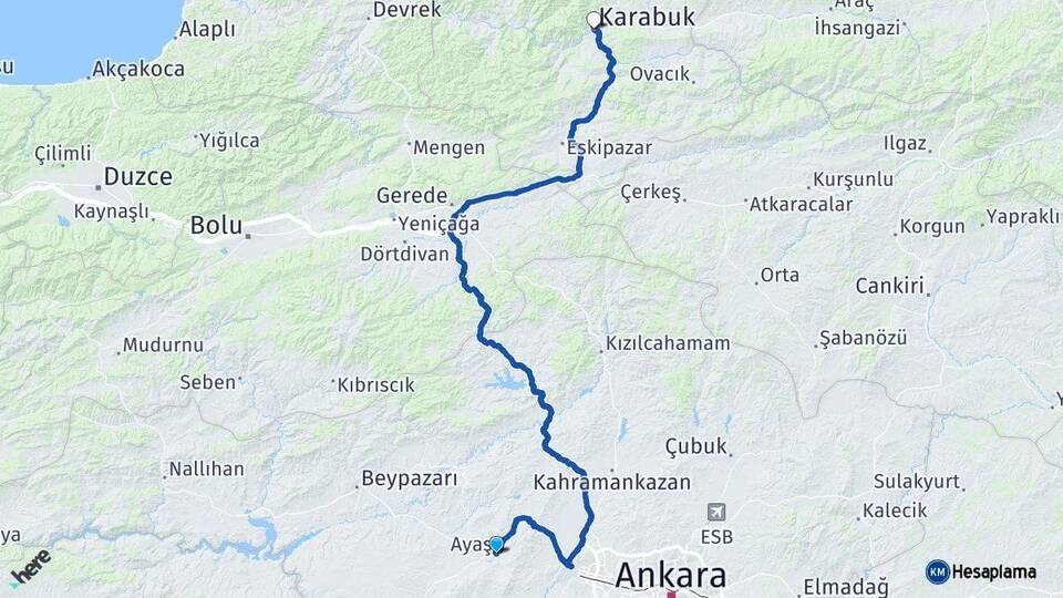 Ankara Ayaş Karabük Arası Kaç Km - Yol Haritası
