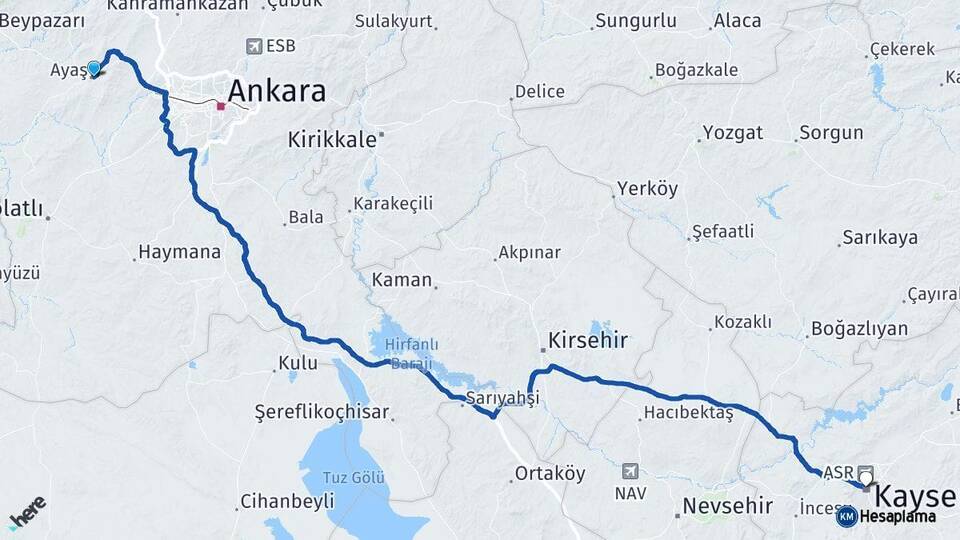 Ankara Ayaş Kayseri Arası Kaç Km - Yol Haritası