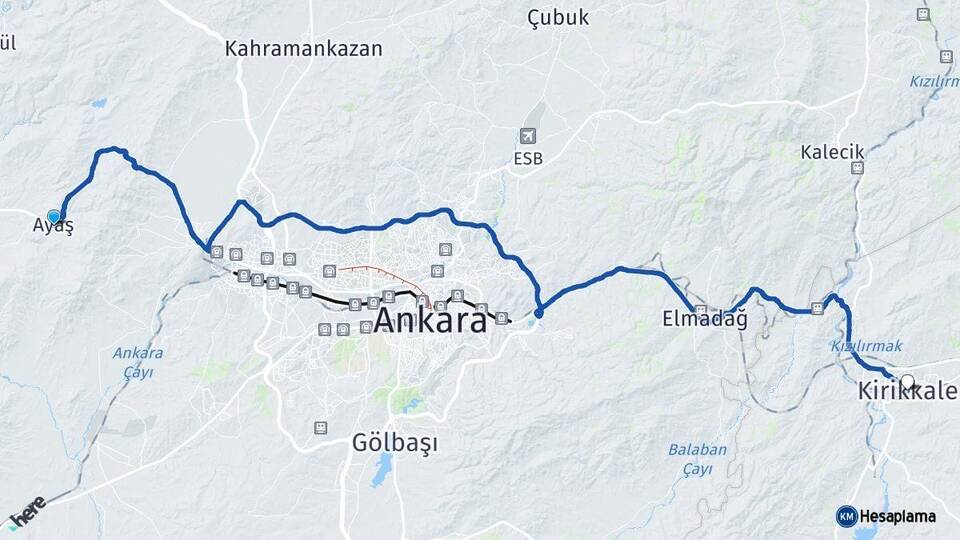 Ankara Ayaş Kırıkkale Arası Kaç Km - Yol Haritası