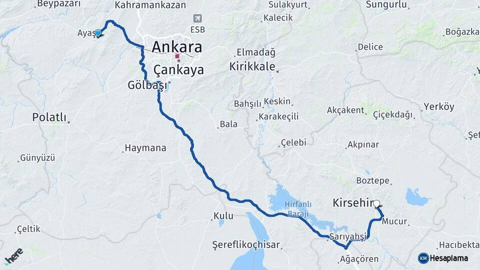 Ankara Ayaş Kırşehir Arası Kaç Km - Yol Haritası