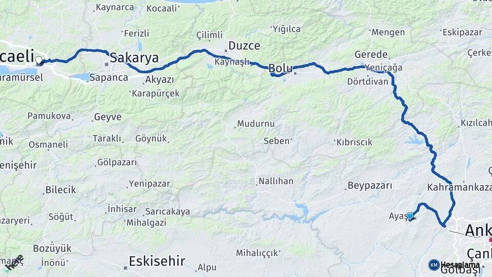 Ankara Ayaş Kocaeli Arası Kaç Km - Yol Haritası