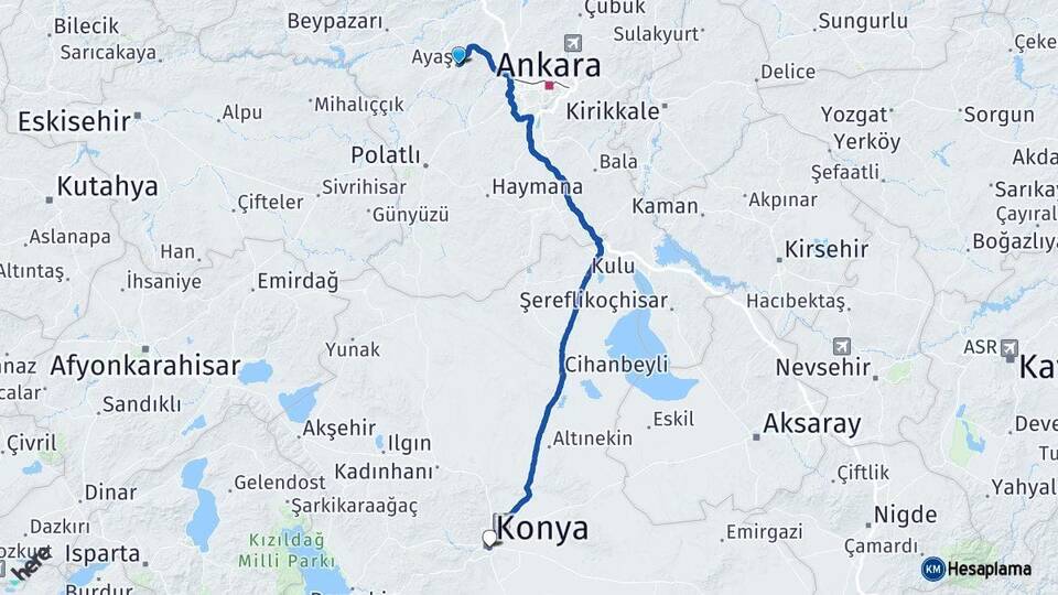 Ankara Ayaş Konya Arası Kaç Km - Yol Haritası
