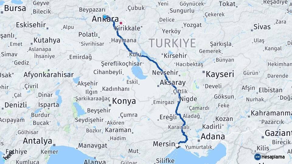 Ankara Ayaş Mersin Arası Kaç Km - Yol Haritası