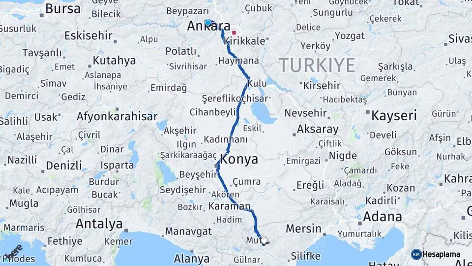 Ankara Ayaş Mut Mersin Arası Kaç Km - Yol Haritası