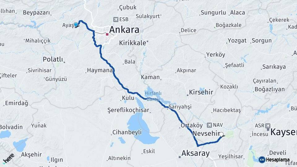 Ankara Ayaş Nevşehir Arası Kaç Km - Yol Haritası