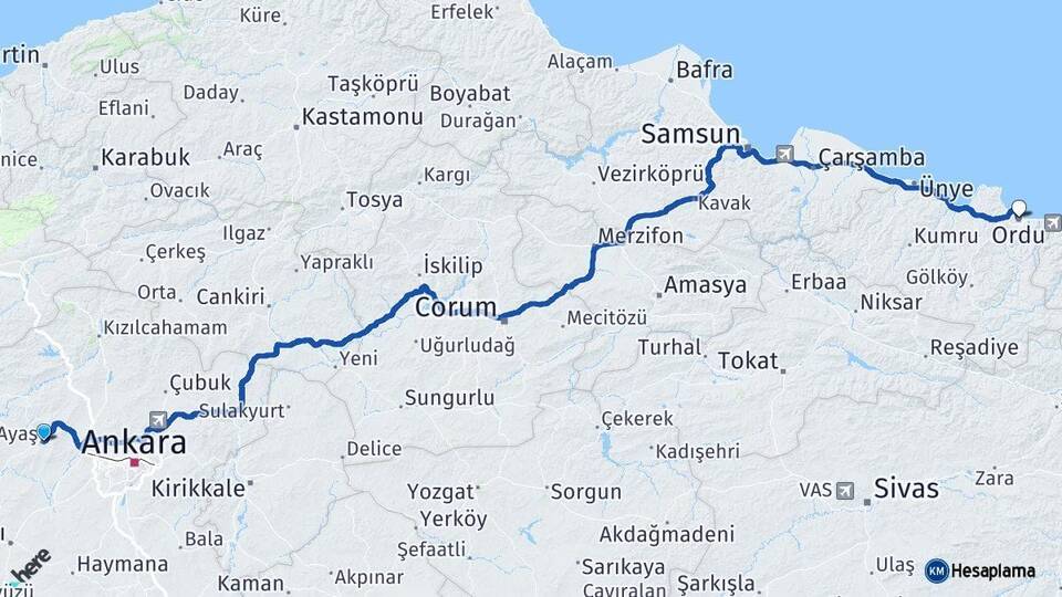 Ankara Ayaş Ordu Arası Kaç Km - Yol Haritası