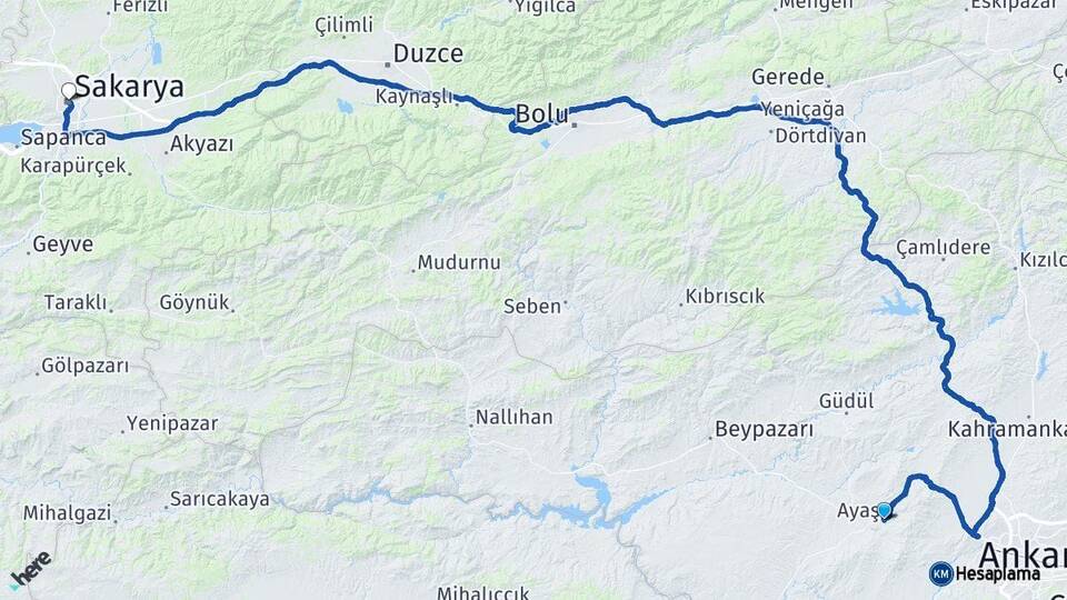 Ankara Ayaş Sakarya Arası Kaç Km - Yol Haritası