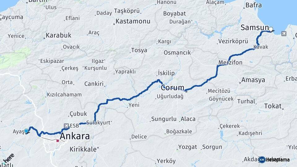 Ankara Ayaş Samsun Arası Kaç Km - Yol Haritası
