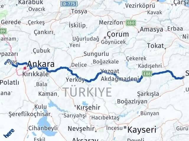 Ankara Ayaş Sivas Arası Kaç Km - Yol Haritası