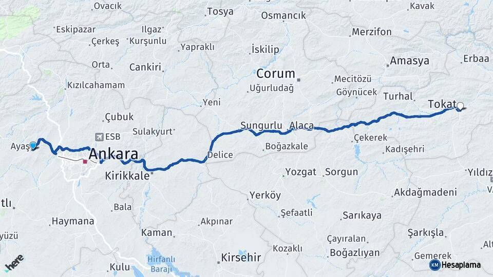 Ankara Ayaş Tokat Arası Kaç Km - Yol Haritası