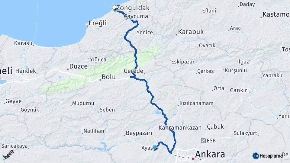 Ankara Ayaş Zonguldak Arası Kaç Km - Yol Haritası