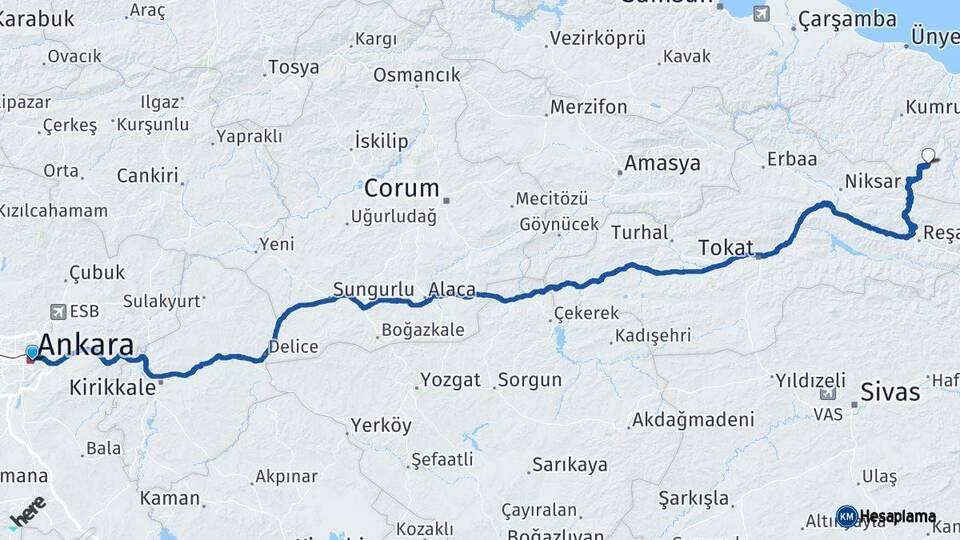 Ankara Aybastı Ordu Arası Kaç Km - Yol Haritası