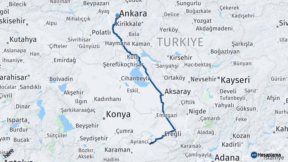 Ankara Ayrancı Karaman Arası Kaç Km - Yol Haritası