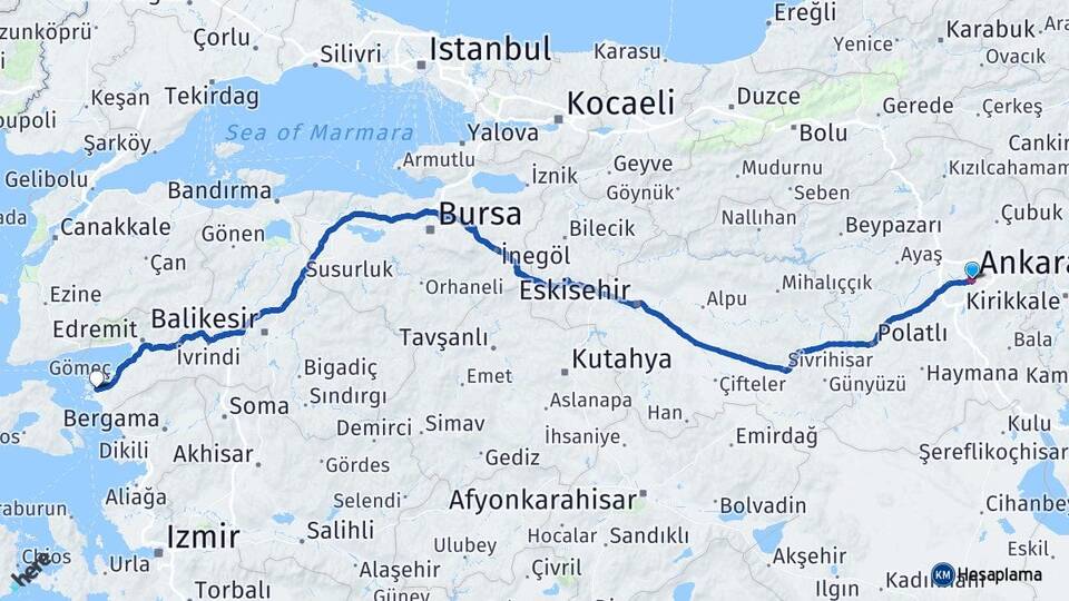 Ankara Ayvalık Balıkesir Arası Kaç Km - Yol Haritası