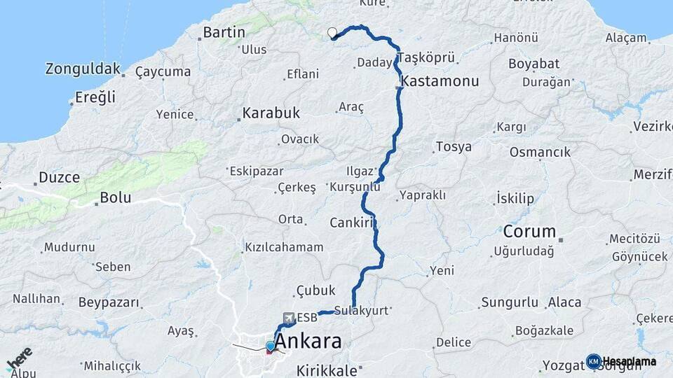 Ankara Azdavay Kastamonu Arası Kaç Km - Yol Haritası