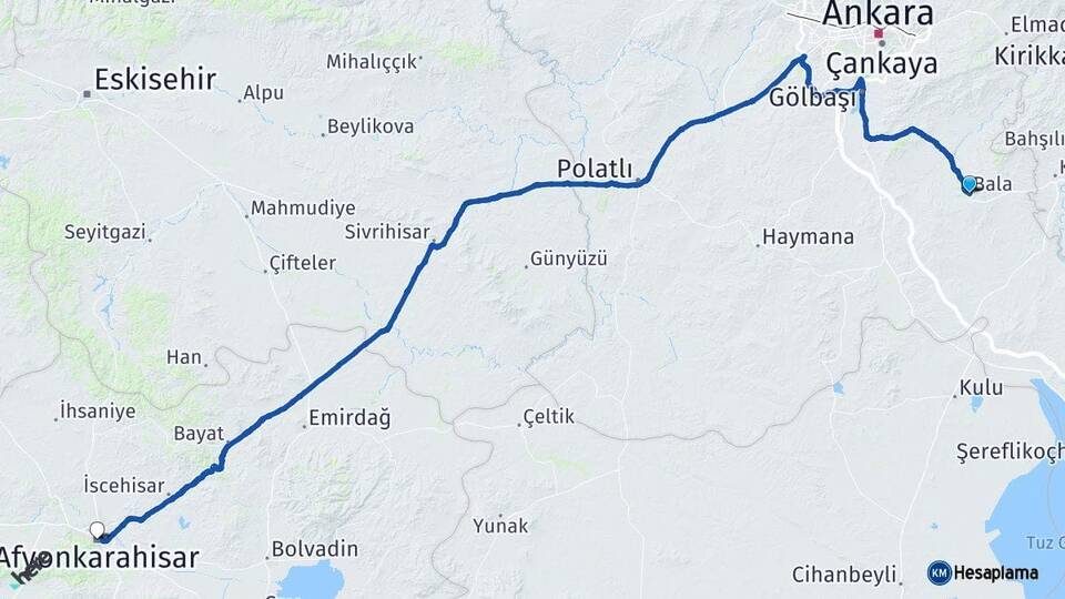 Ankara Bala Afyonkarahisar Arası Kaç Km - Yol Haritası