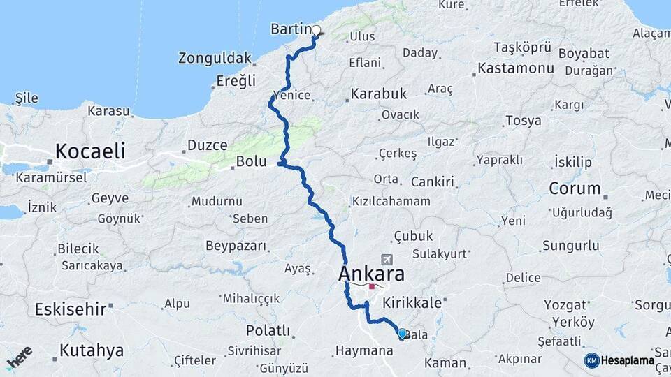Ankara Bala Bartın Arası Kaç Km - Yol Haritası