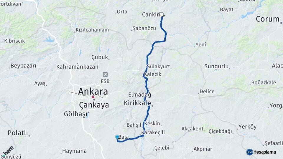 Ankara Bala Çankırı Arası Kaç Km - Yol Haritası