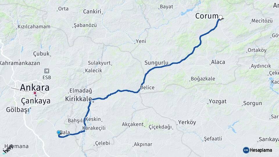 Ankara Bala Çorum Arası Kaç Km - Yol Haritası