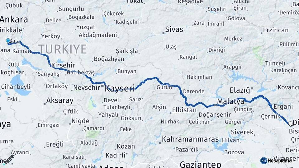 Ankara Bala Diyarbakır Arası Kaç Km - Yol Haritası