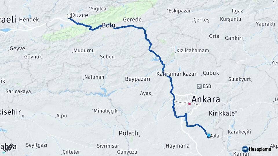 Ankara Bala Düzce Arası Kaç Km - Yol Haritası