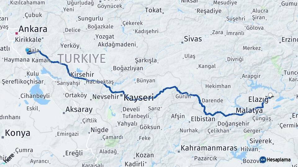 Ankara Bala Elazığ Arası Kaç Km - Yol Haritası