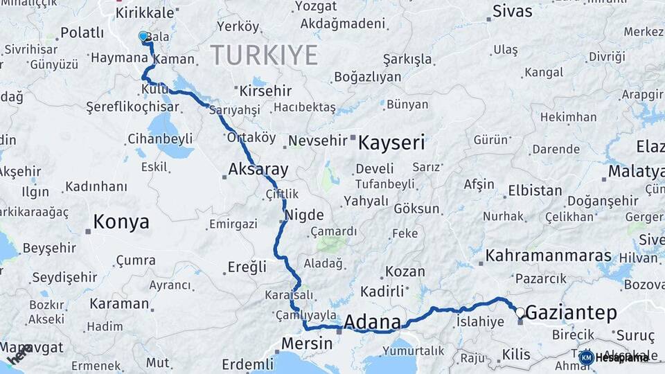Ankara Bala Gaziantep Arası Kaç Km - Yol Haritası