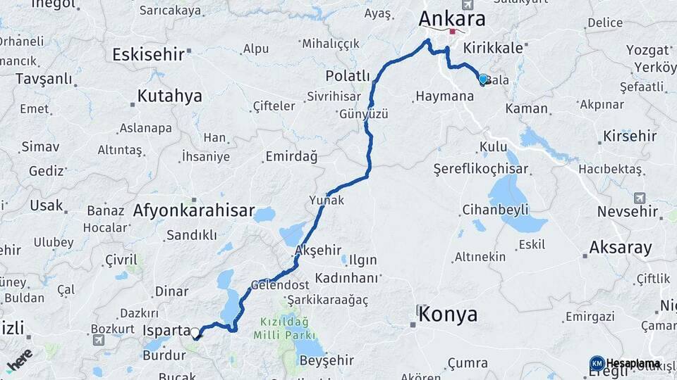 Ankara Bala Isparta Arası Kaç Km - Yol Haritası