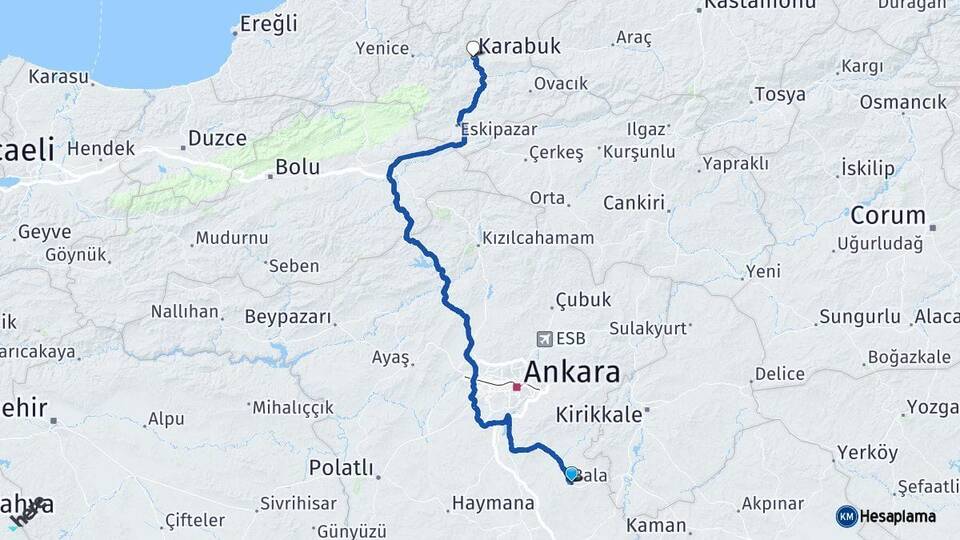 Ankara Bala Karabük Arası Kaç Km - Yol Haritası
