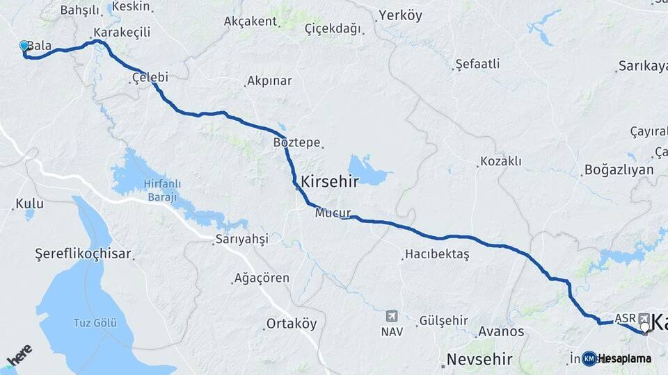 Ankara Bala Kayseri Arası Kaç Km - Yol Haritası